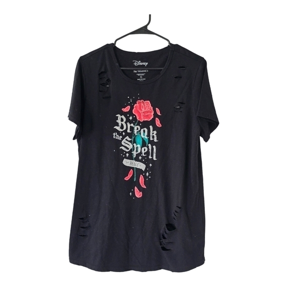 Disney Tee Shirt Women XL Black Beauty & The Beast Break The Spell Distressed - Picture 1 of 14